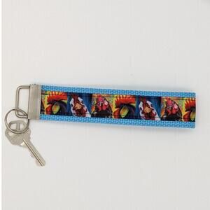 Chicken Rooster Keychain Wristlet Boho Fabric Key Ring FOB Farm Animal Farmhouse